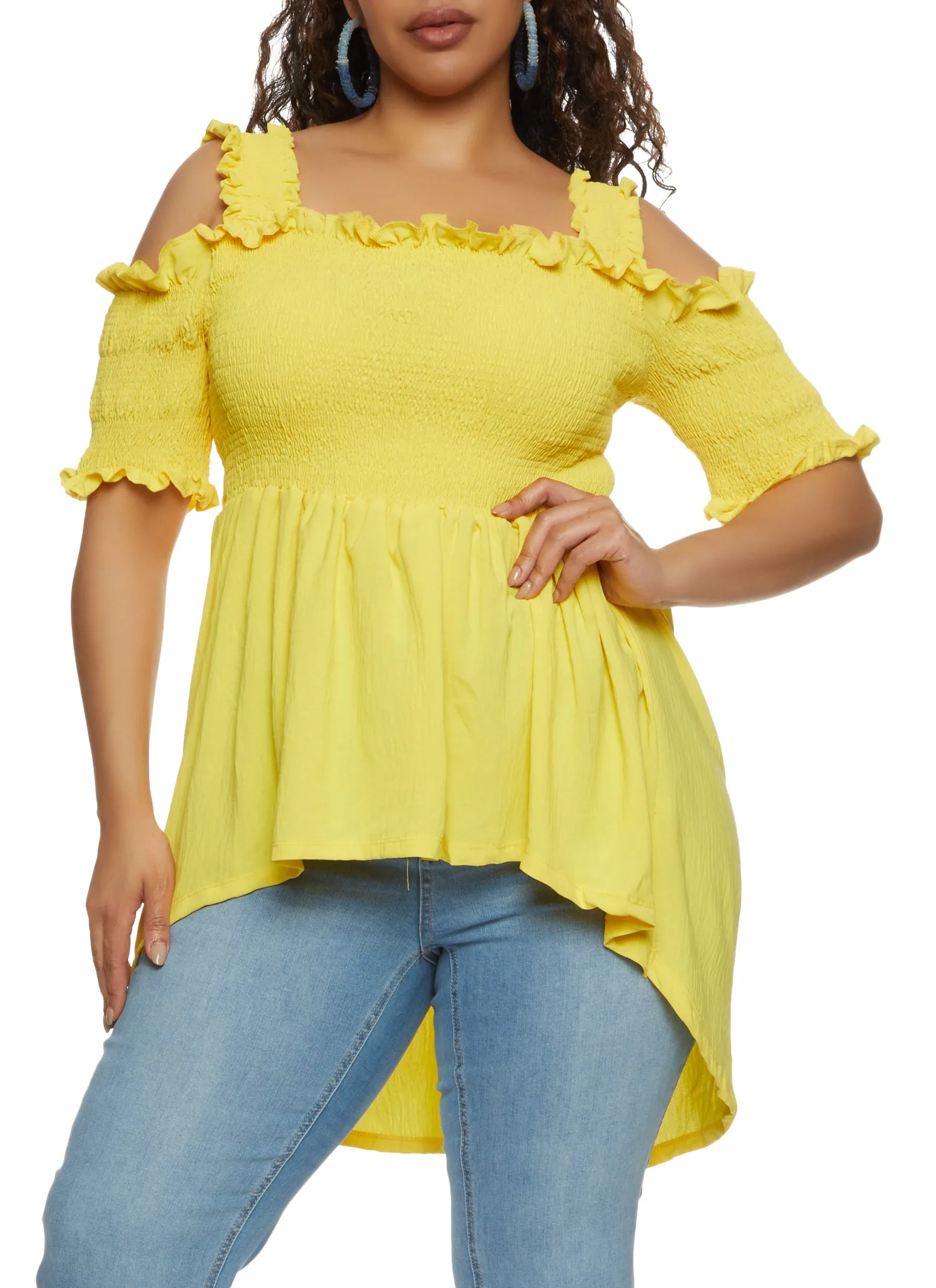 Plus Size Smocked High Low Hem Peplum Top sold by Rainbow