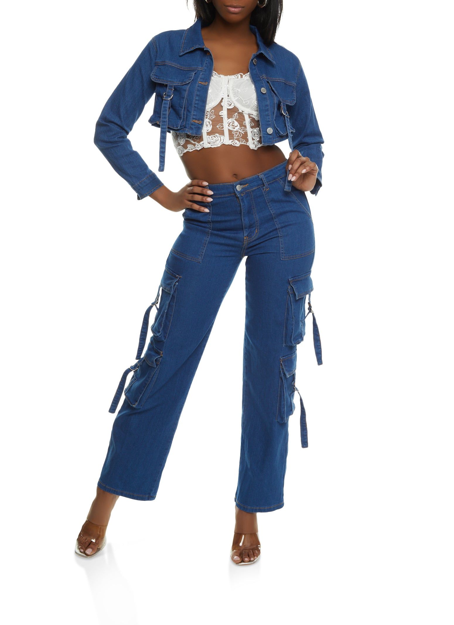 Denim Cropped Cargo Pocket Jean Jacket sold by Rainbow