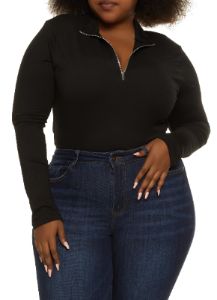 Plus Size Zip Neck Long Sleeve Bodysuit sold by Rainbow