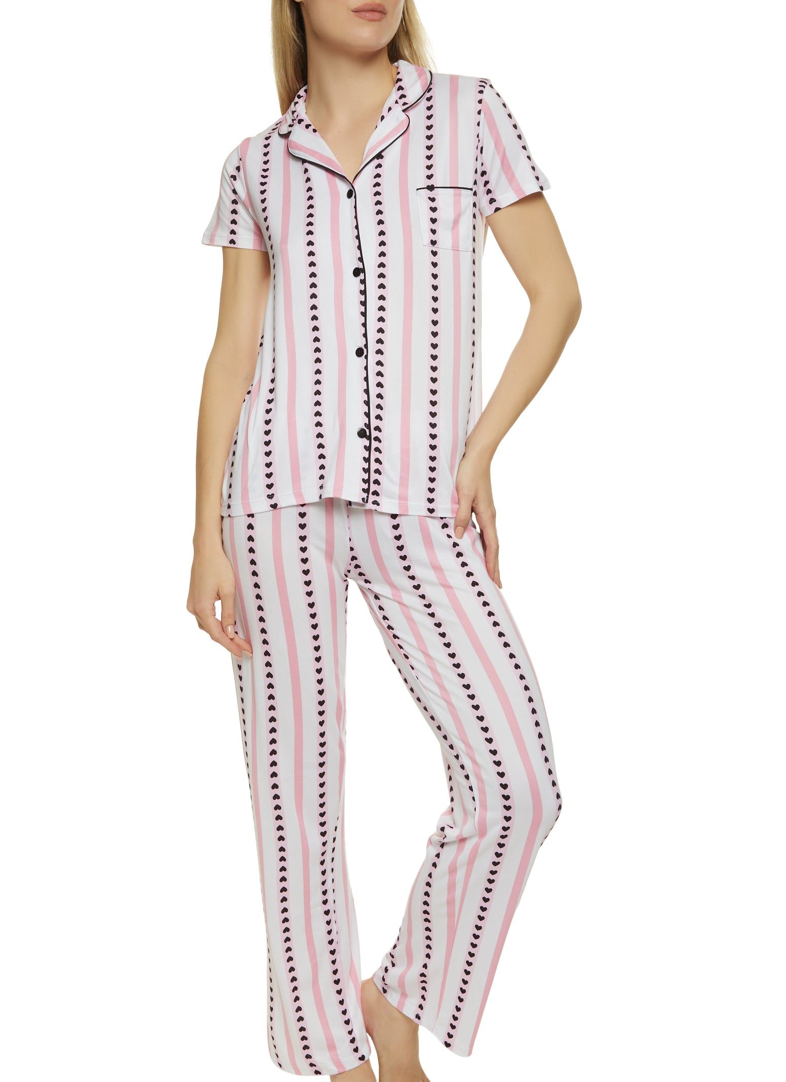 Striped Heart Print Notch Collar Pajama Shirt and Pants sold by Rainbow