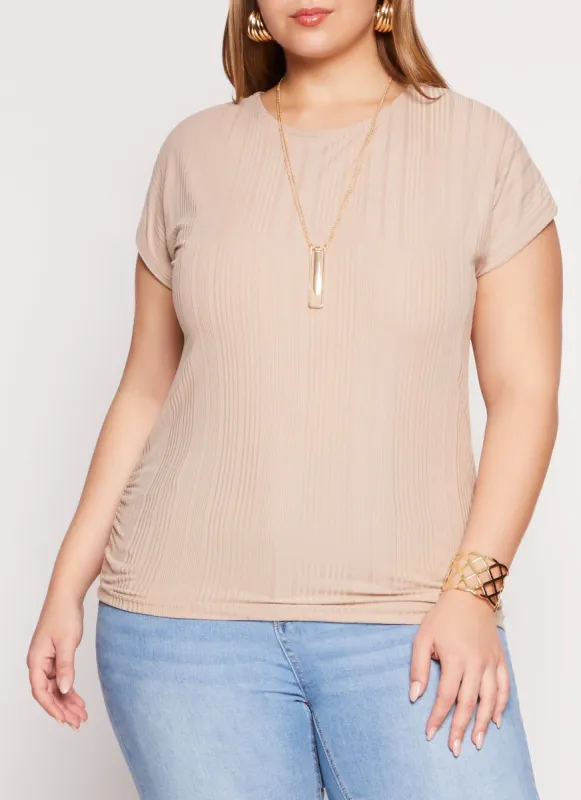 Plus Size Ribbed Short Sleeve Top with Necklace sold by Rainbow