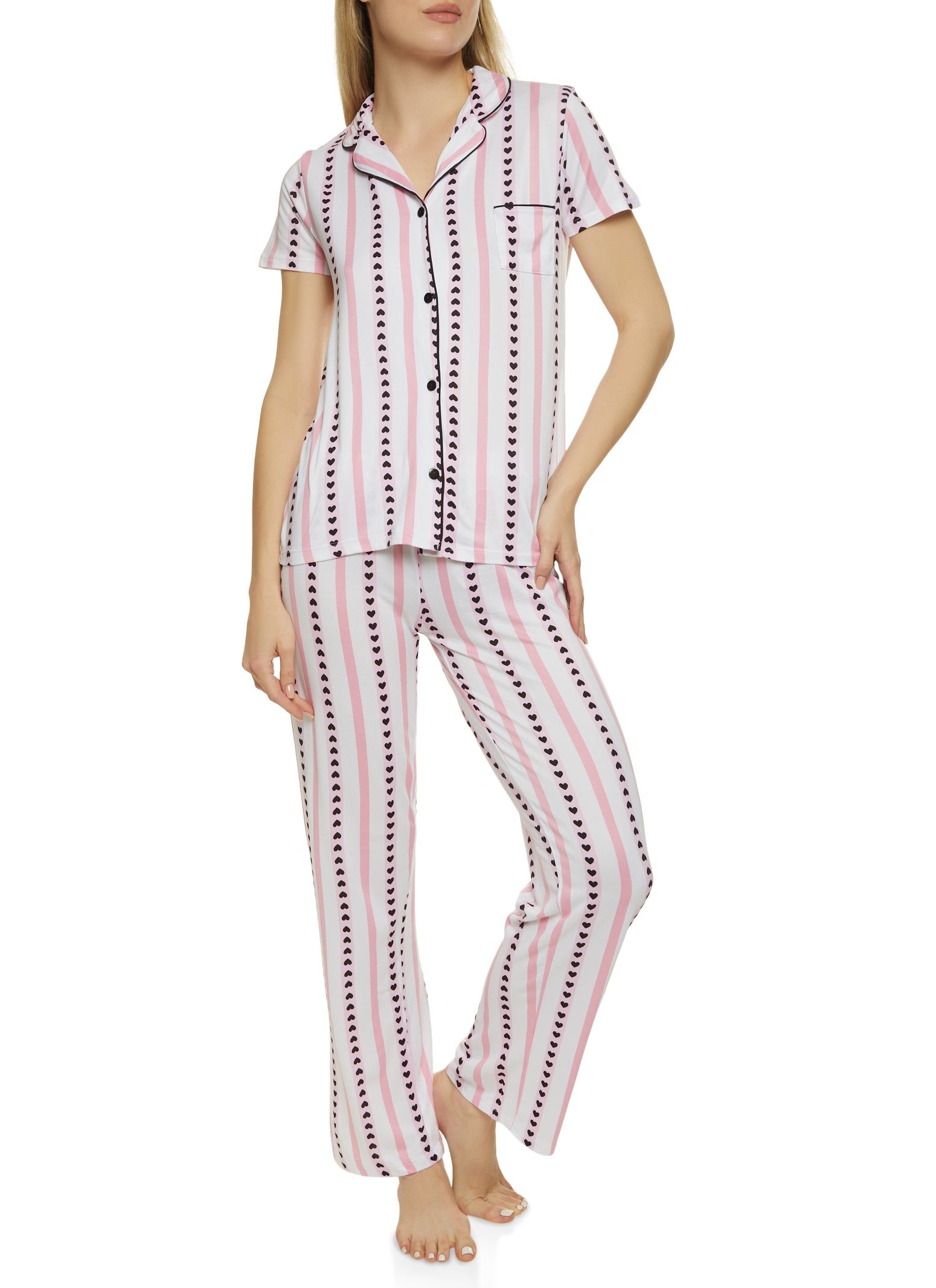Striped Heart Print Notch Collar Pajama Shirt and Pants sold by Rainbow product image thumbnail 2
