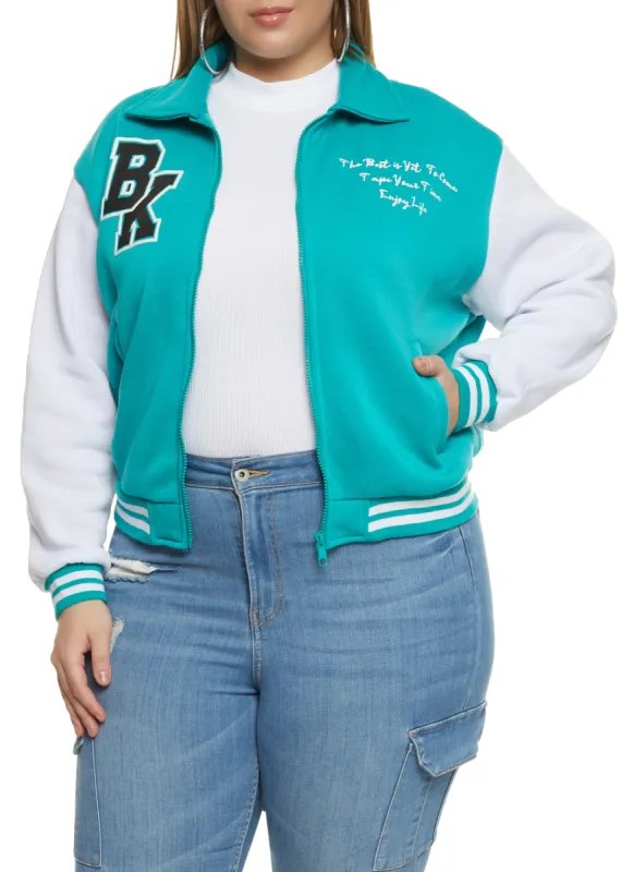 Plus Size BK Initial Patch Varsity Jacket sold by Rainbow