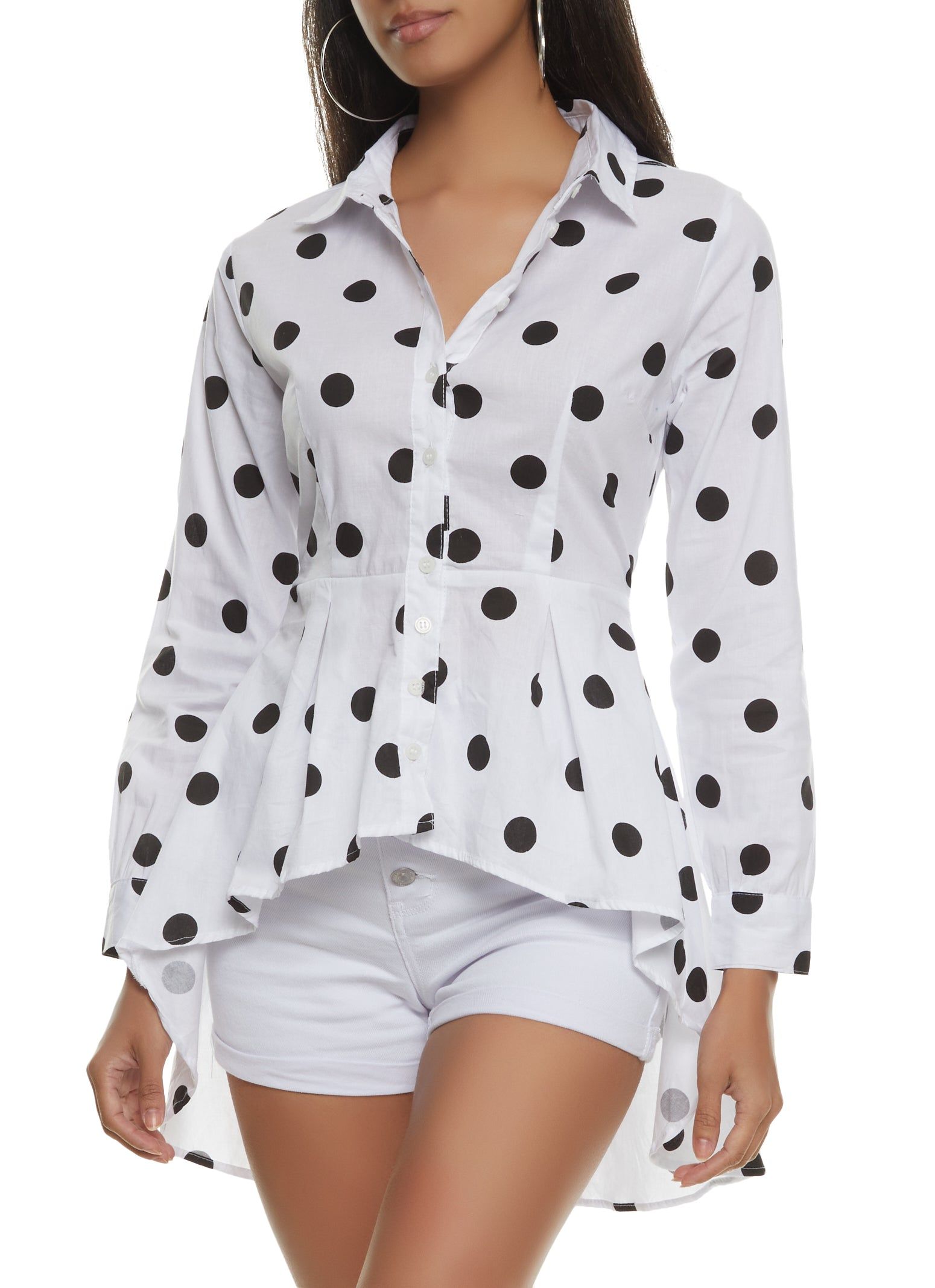 Polka Dot Button Front High Low Shirt sold by Rainbow