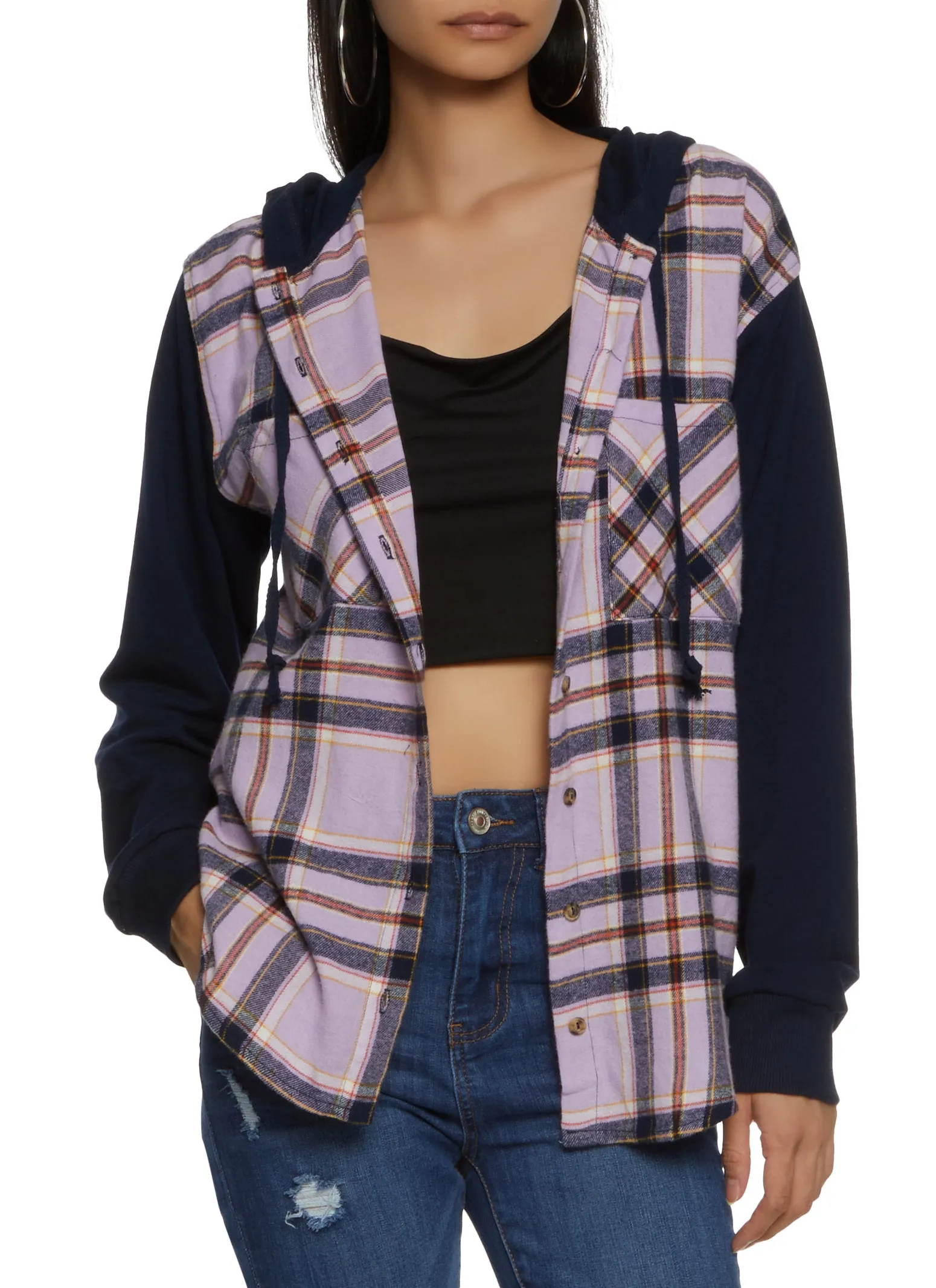 Plaid Button Front Hooded Flannel Shirt sold by Rainbow