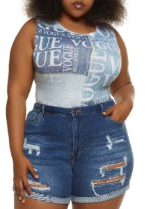 Plus Size Vogue Denim Graphic Bodysuit sold by Rainbow