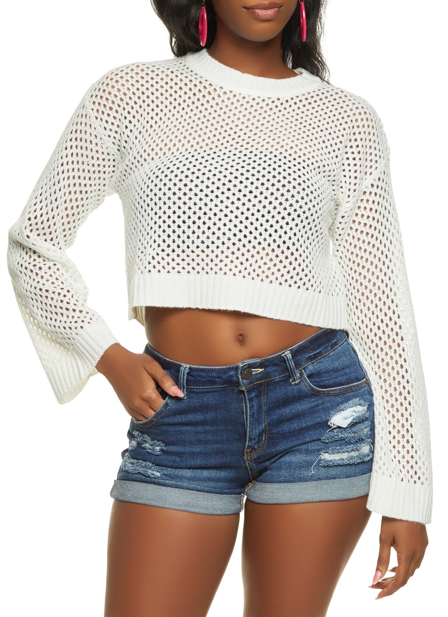 Pointelle Knit Cropped Sweater sold by Rainbow