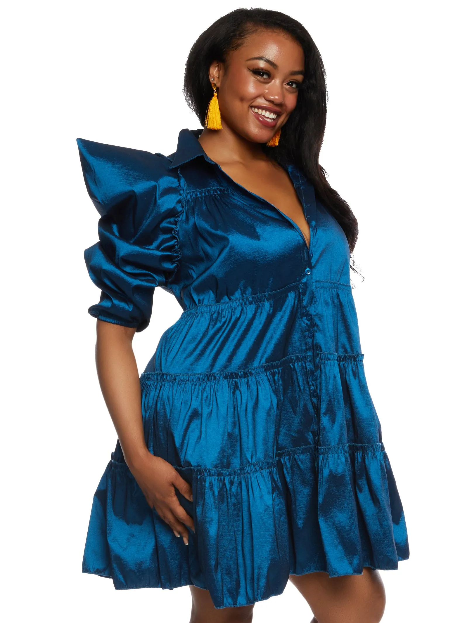 Plus Size Puff Sleeve Tiered Mini Shirt Dress sold by Rainbow