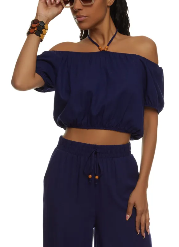 Iris Linen Off the Shoulder Halter Neck Crop Top sold by Rainbow