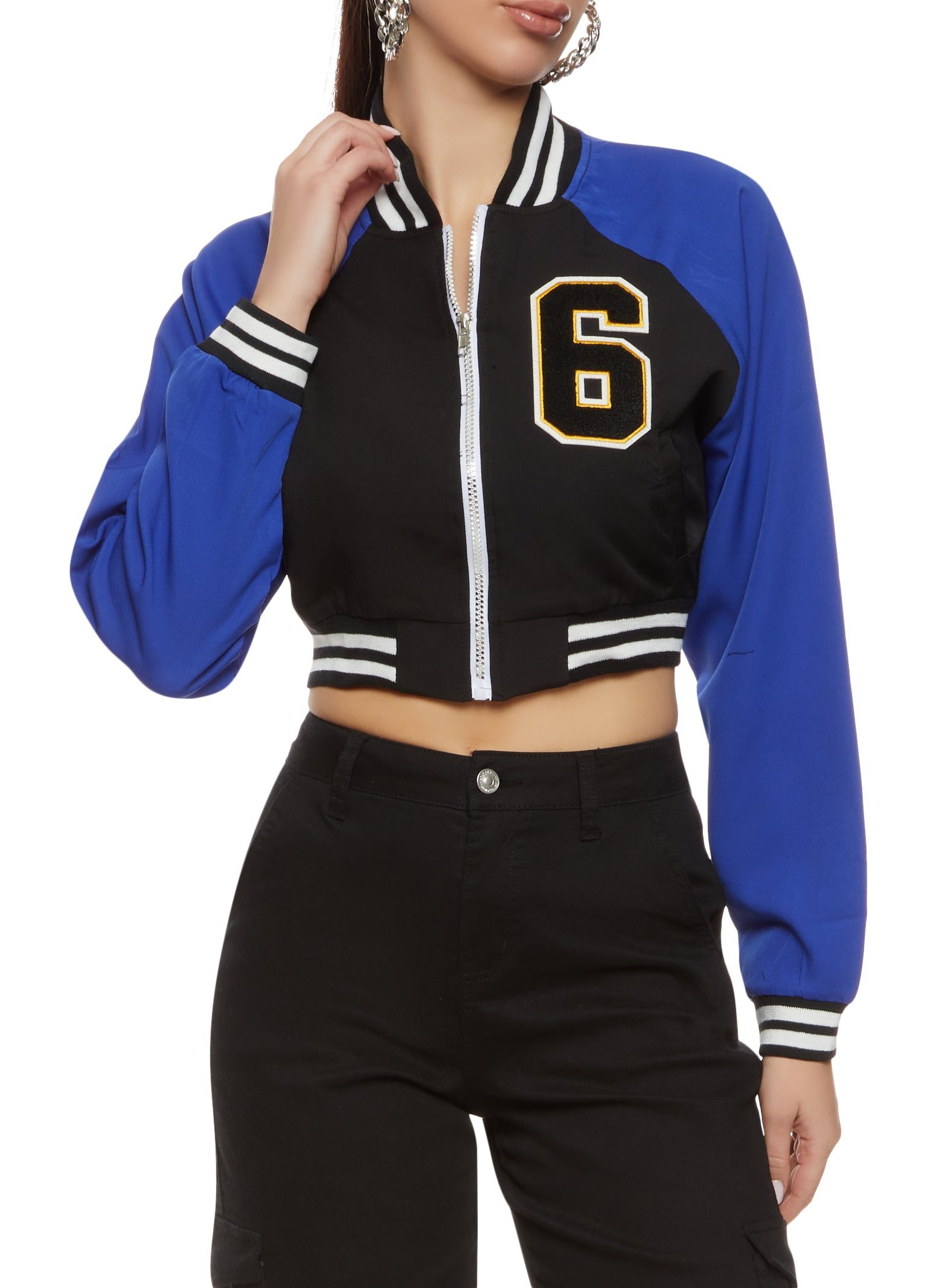 6 Chenille Patch Zip Front Cropped Varsity Jacket sold by Rainbow
