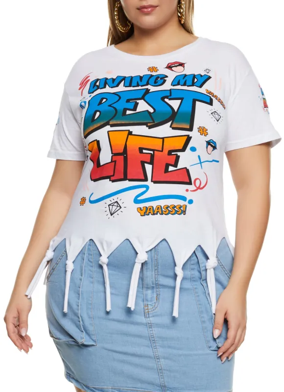 Plus Size Knotted Fringe Living My Best Life Graphic Tee sold by Rainbow