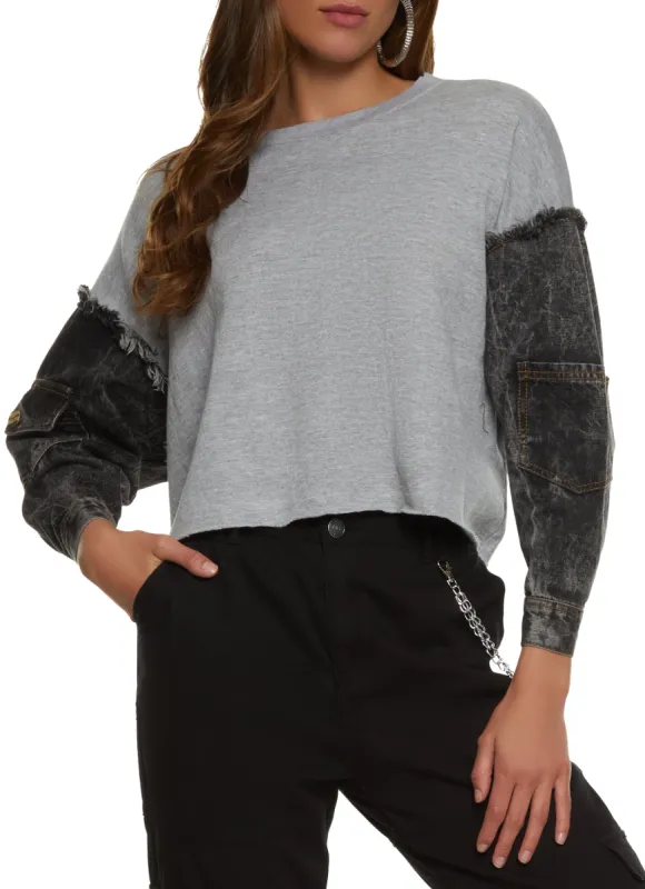 Acid Wash Pocket Denim Sleeve Sweatshirt sold by Rainbow