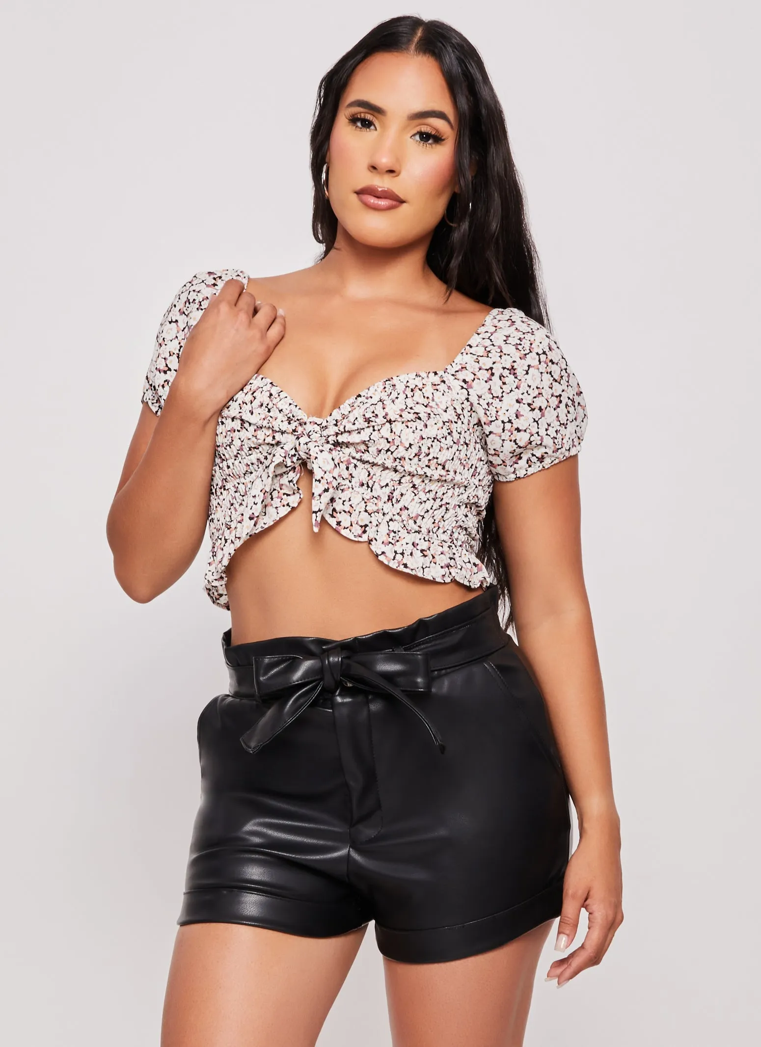 Iris Floral Print Peasant Tie Front Crop Top sold by Rainbow