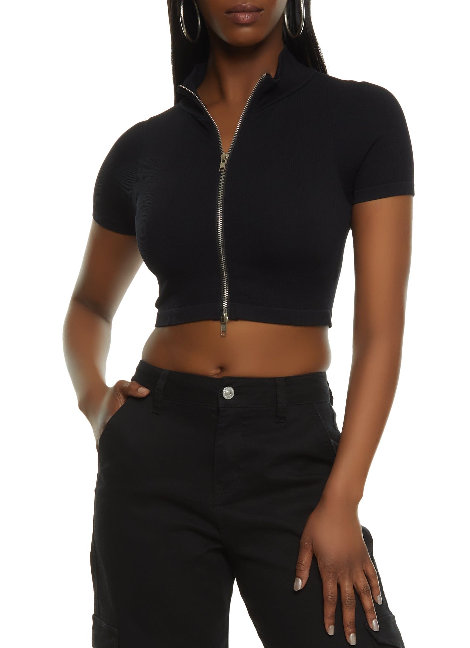 Rib Knit Zip Front Crop Top sold by Rainbow