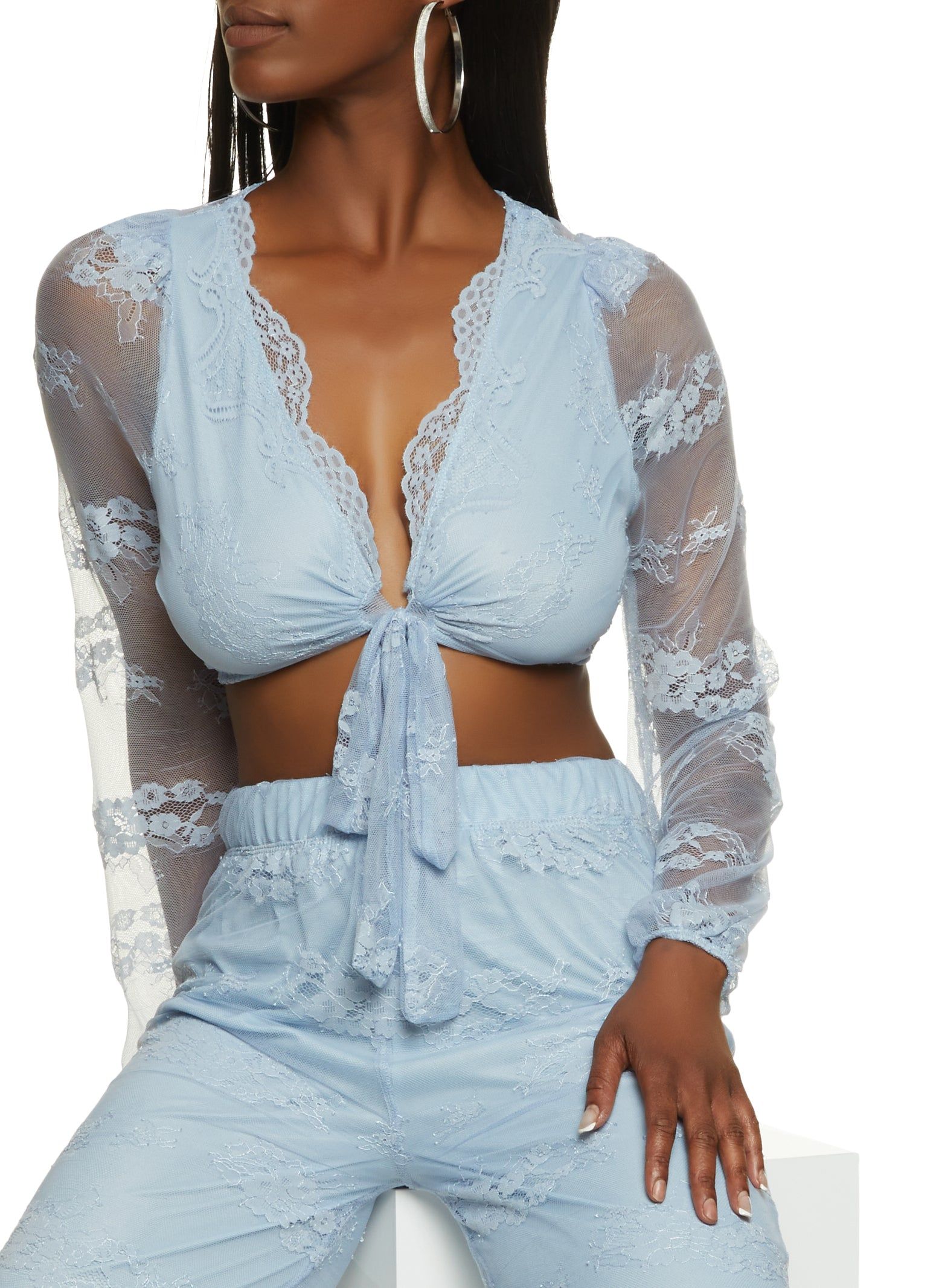 Floral Lace Tie Front Crop Top sold by Rainbow