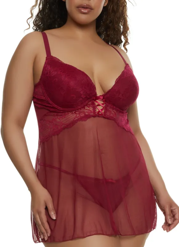Plus Size Floral Lace Up Babydoll and G String sold by Rainbow