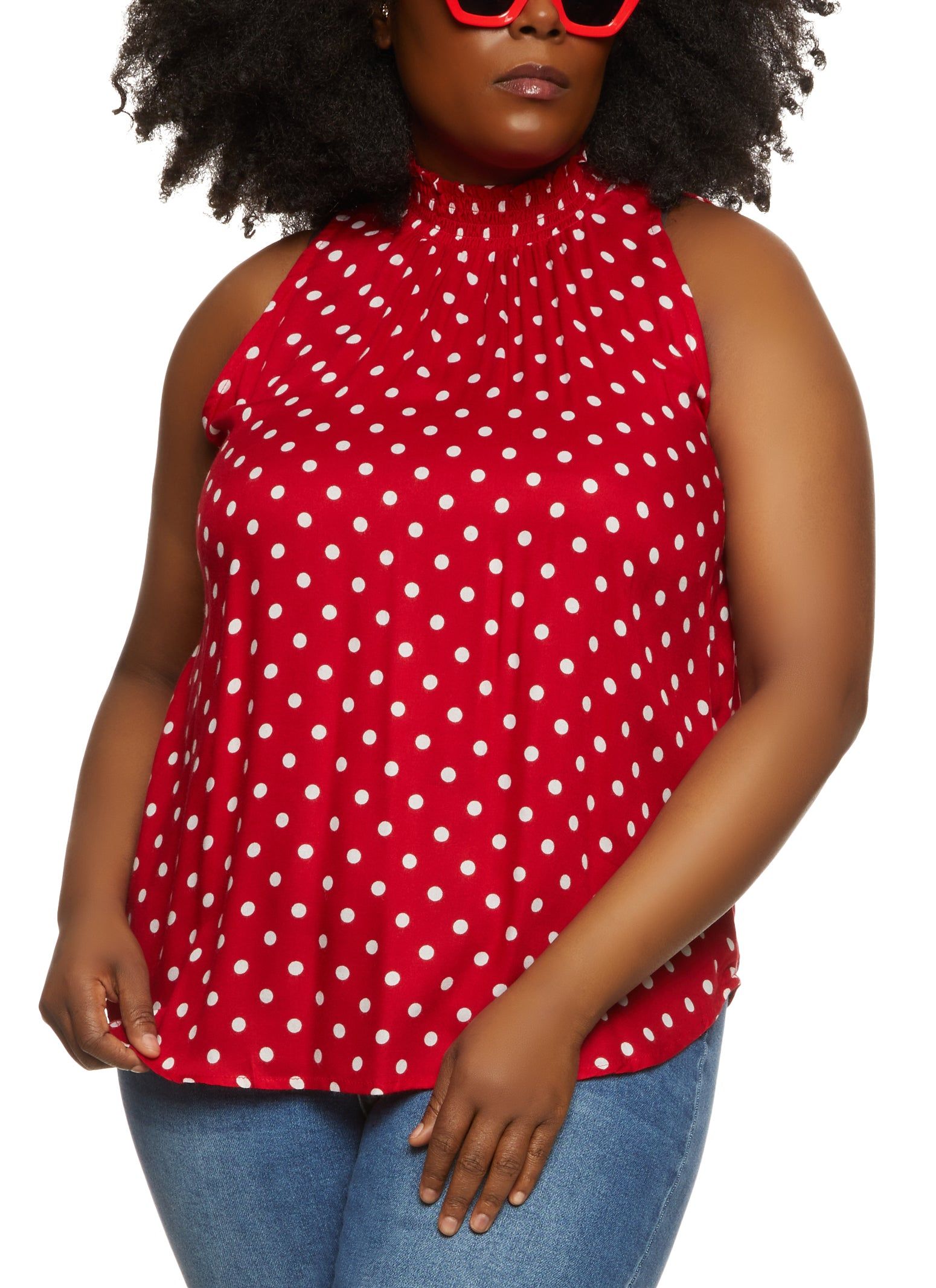 Plus Size Polka Dot Smocked Mock Neck Blouse sold by Rainbow