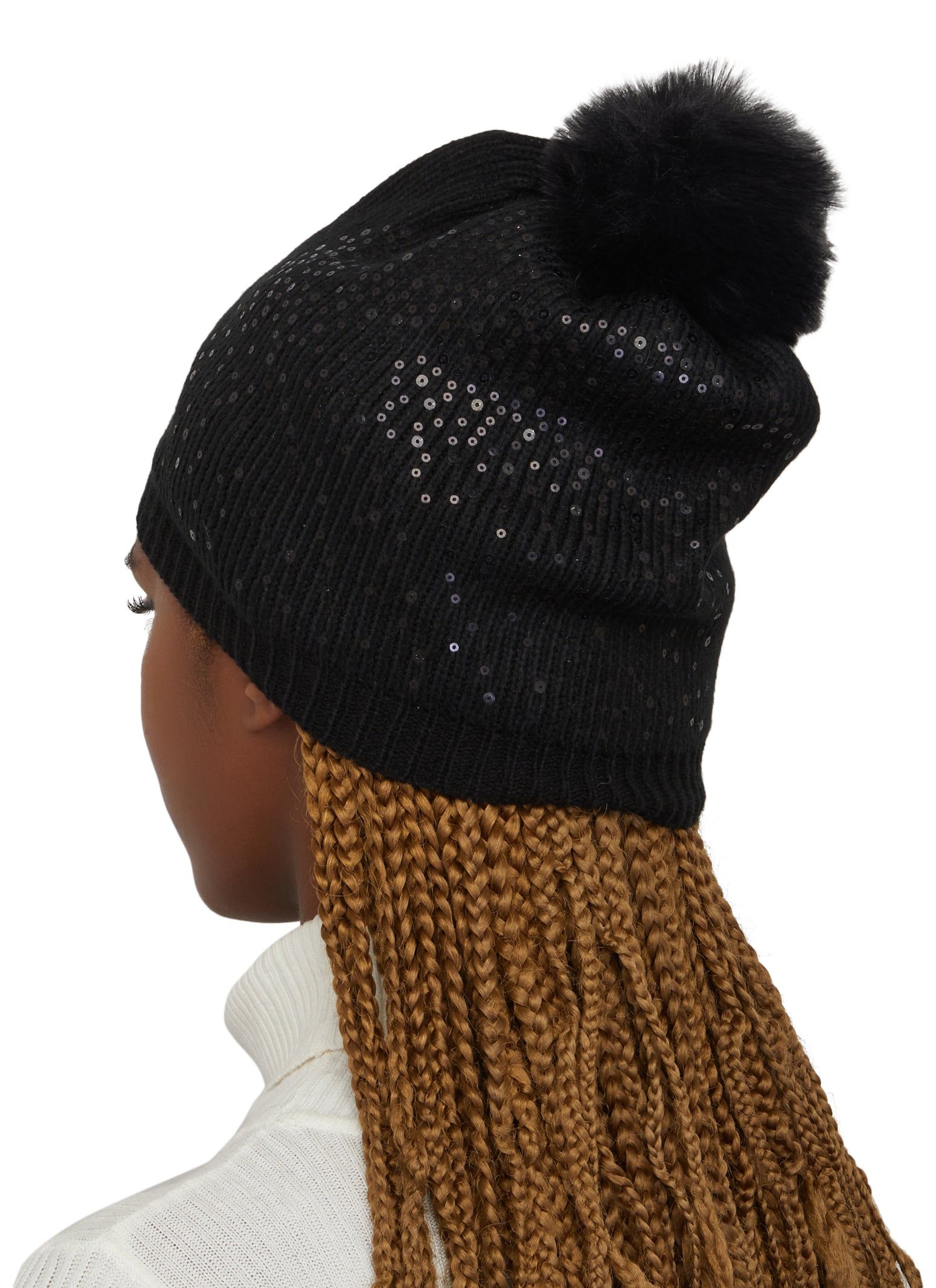 Sequin Faux Fur Pom Pom Beanie sold by Rainbow