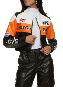 Faux Leather Motor Babe Graphic Moto Jacket sold by Rainbow