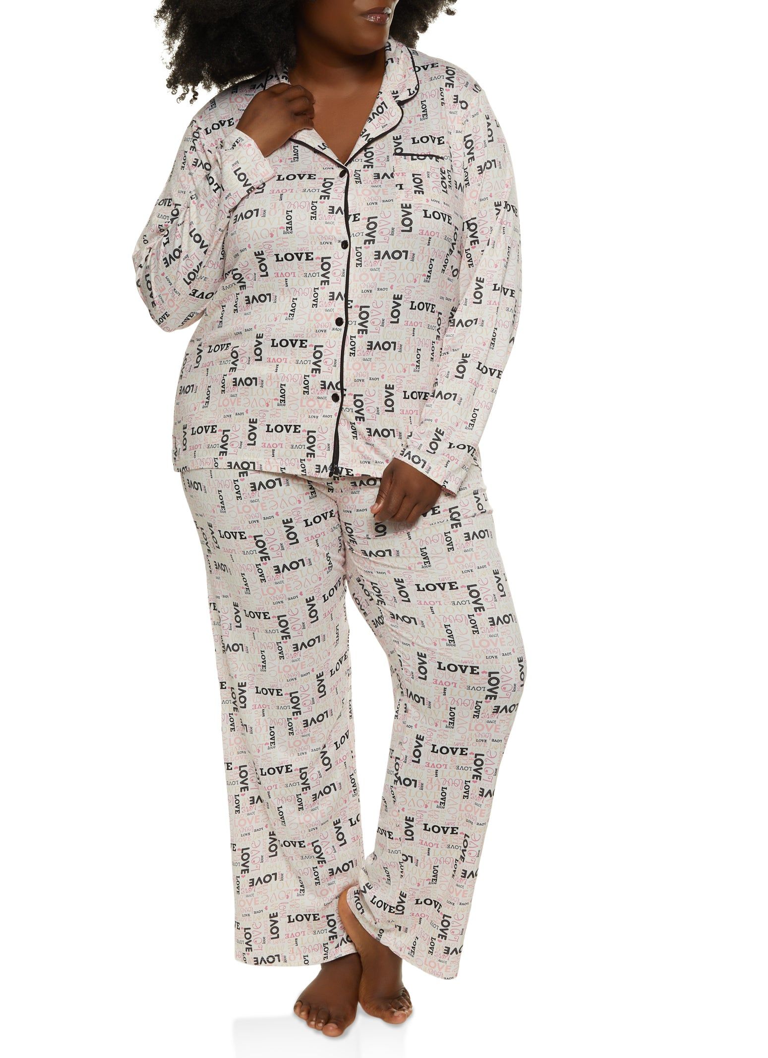 Plus Size Love Print Long Sleeve Pajama Shirt and Pants sold by Rainbow