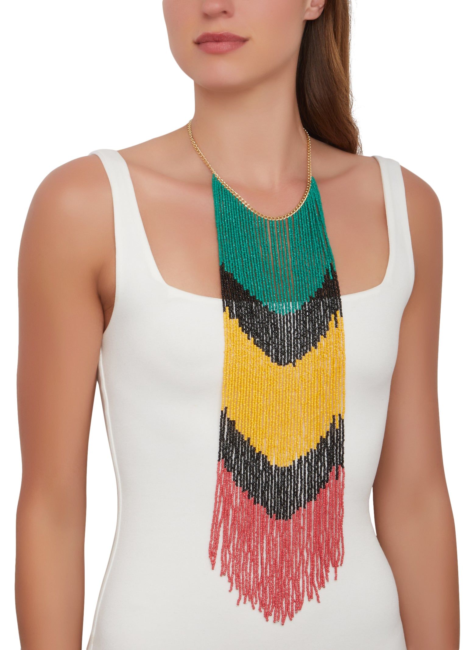 Color Block Beaded Fringe Necklace sold by Rainbow