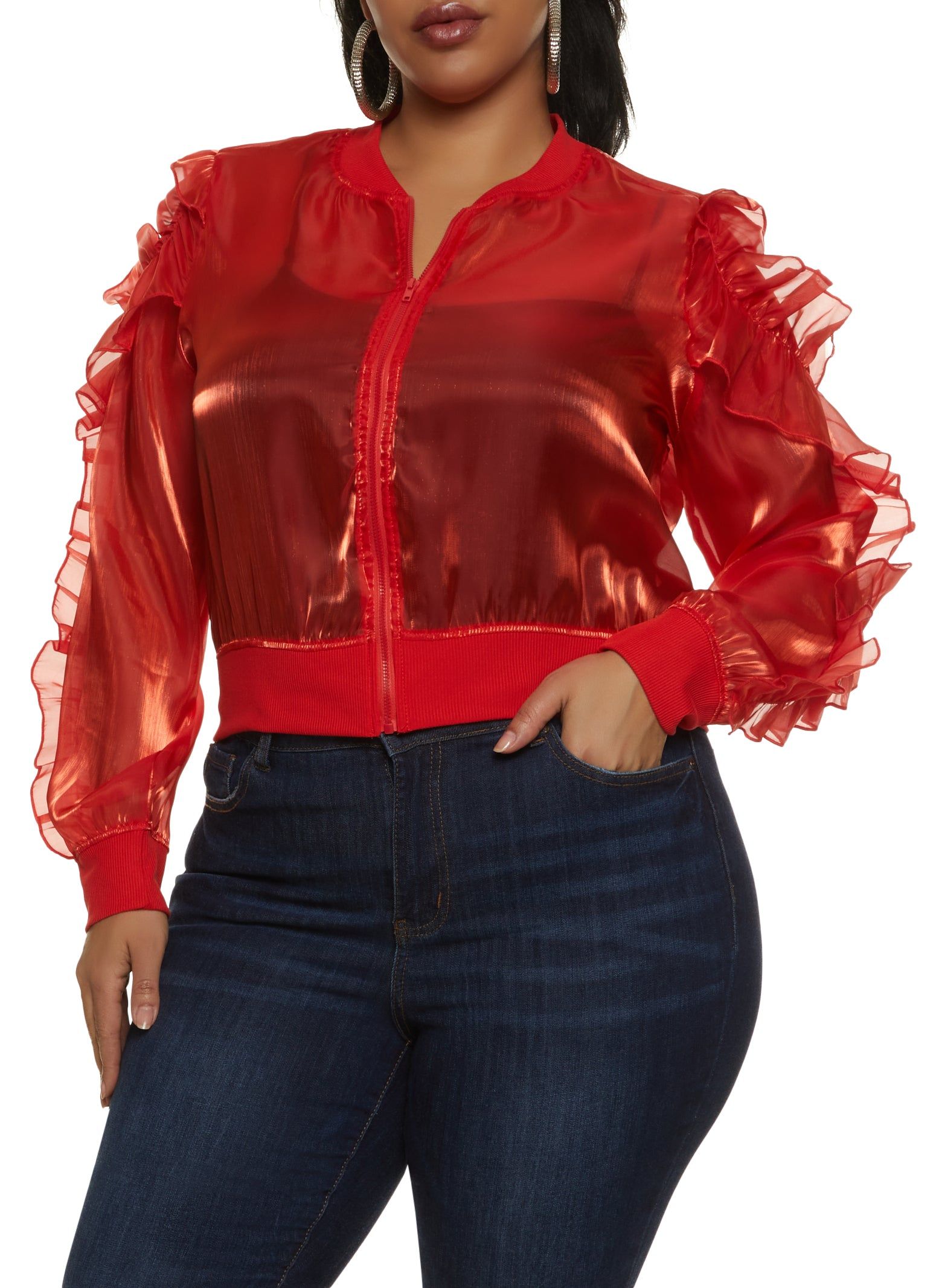 Plus Size Ruffle Sleeve Zip Front Jacket sold by Rainbow