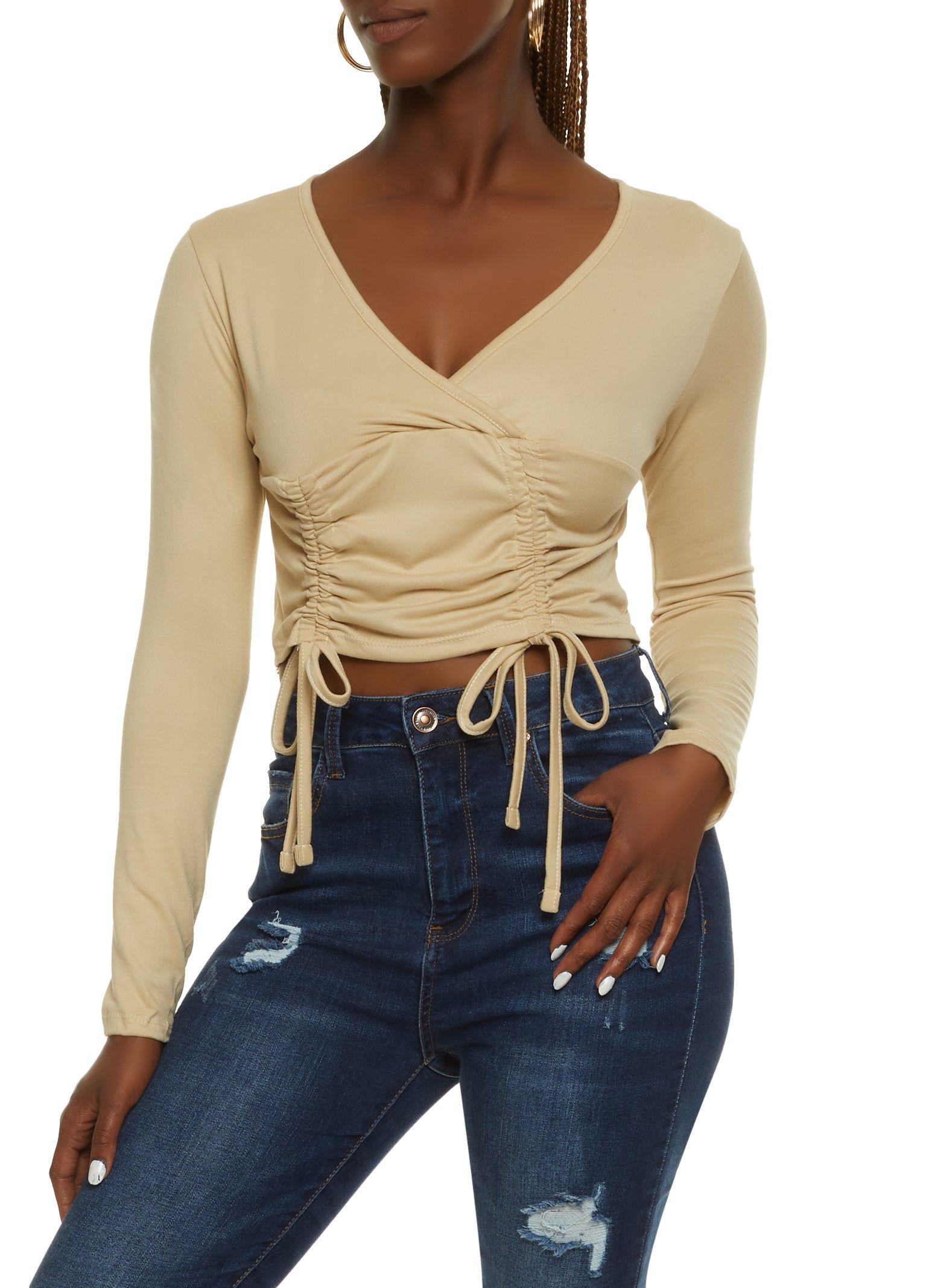 Faux Wrap Ruched Detail Crop Top sold by Rainbow