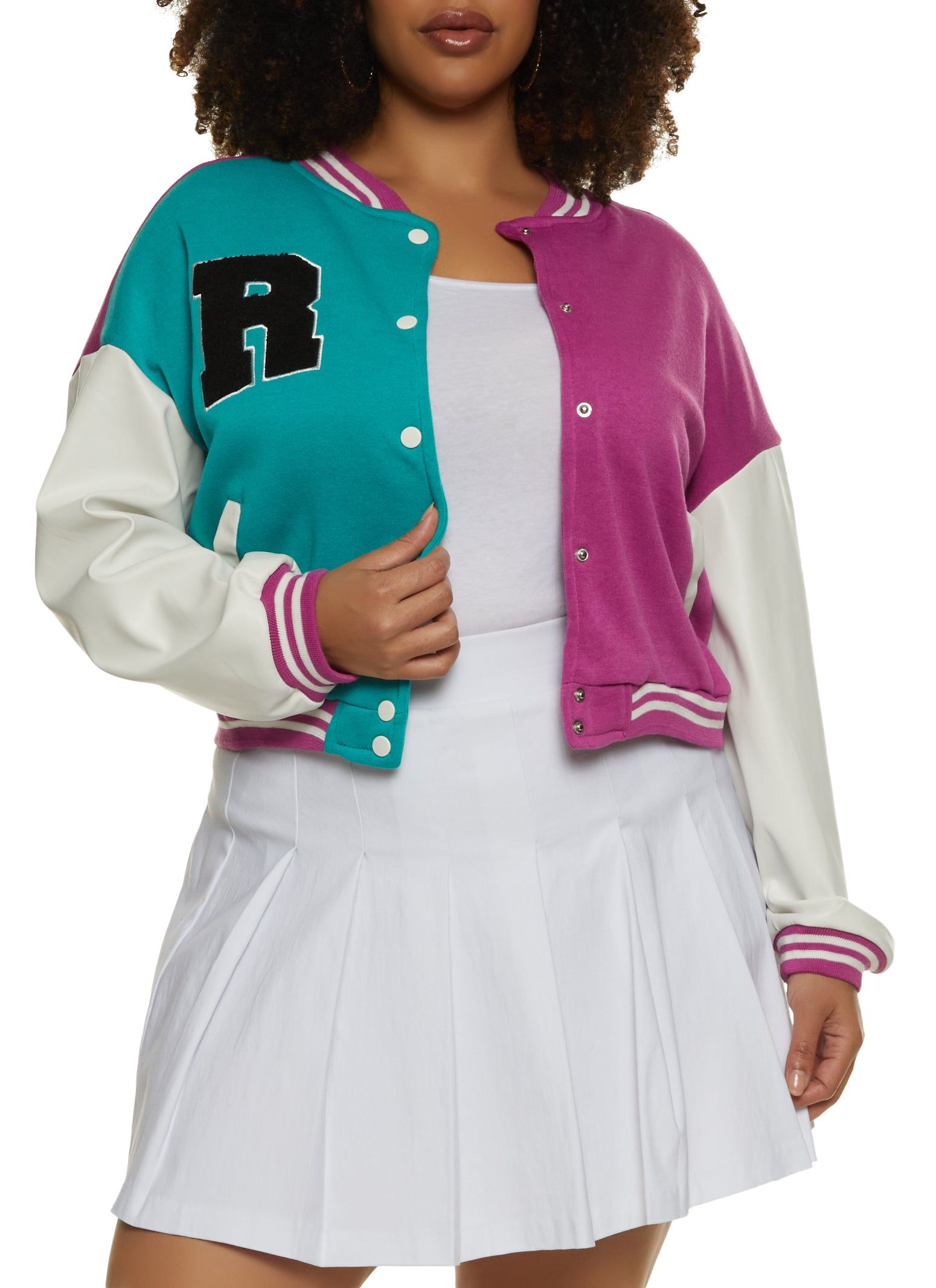 Plus Size Color Block Chenille Patch Cropped Varsity Jacket sold by Rainbow