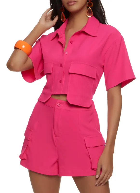Crepe Knit Cargo Pocket Cropped Shirt sold by Rainbow