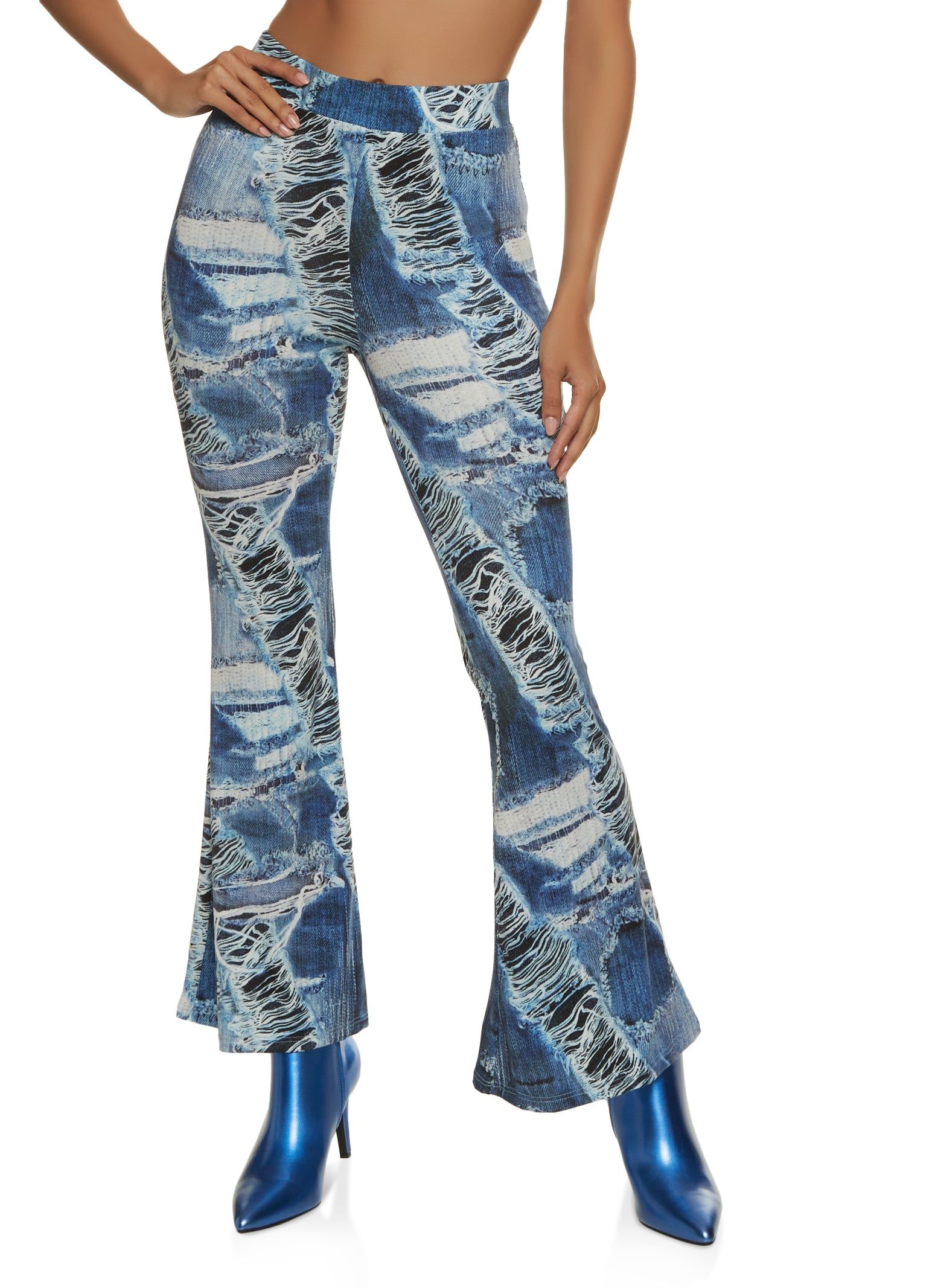Distressed Print High Waist Flare Pants sold by Rainbow