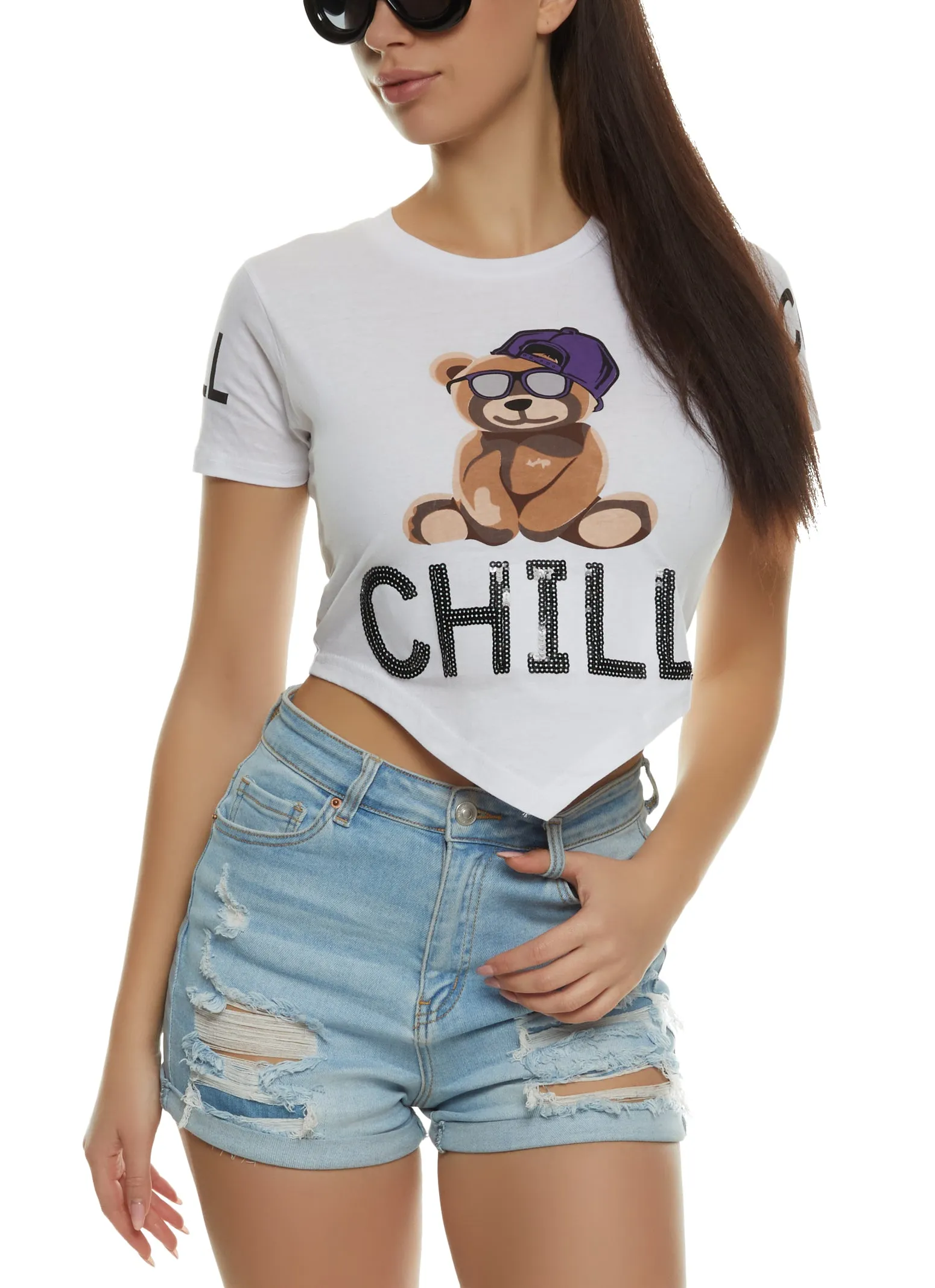 Sequin Chill Bear Hanky Hem Graphic Tee sold by Rainbow