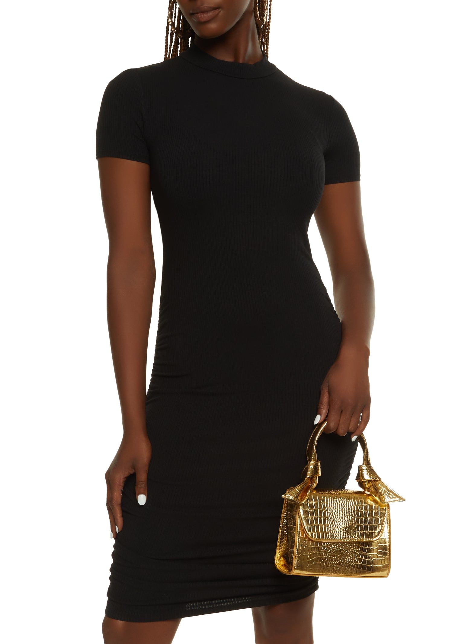 Ribbed Knit Mock Neck Ruched Midi Dress sold by Rainbow