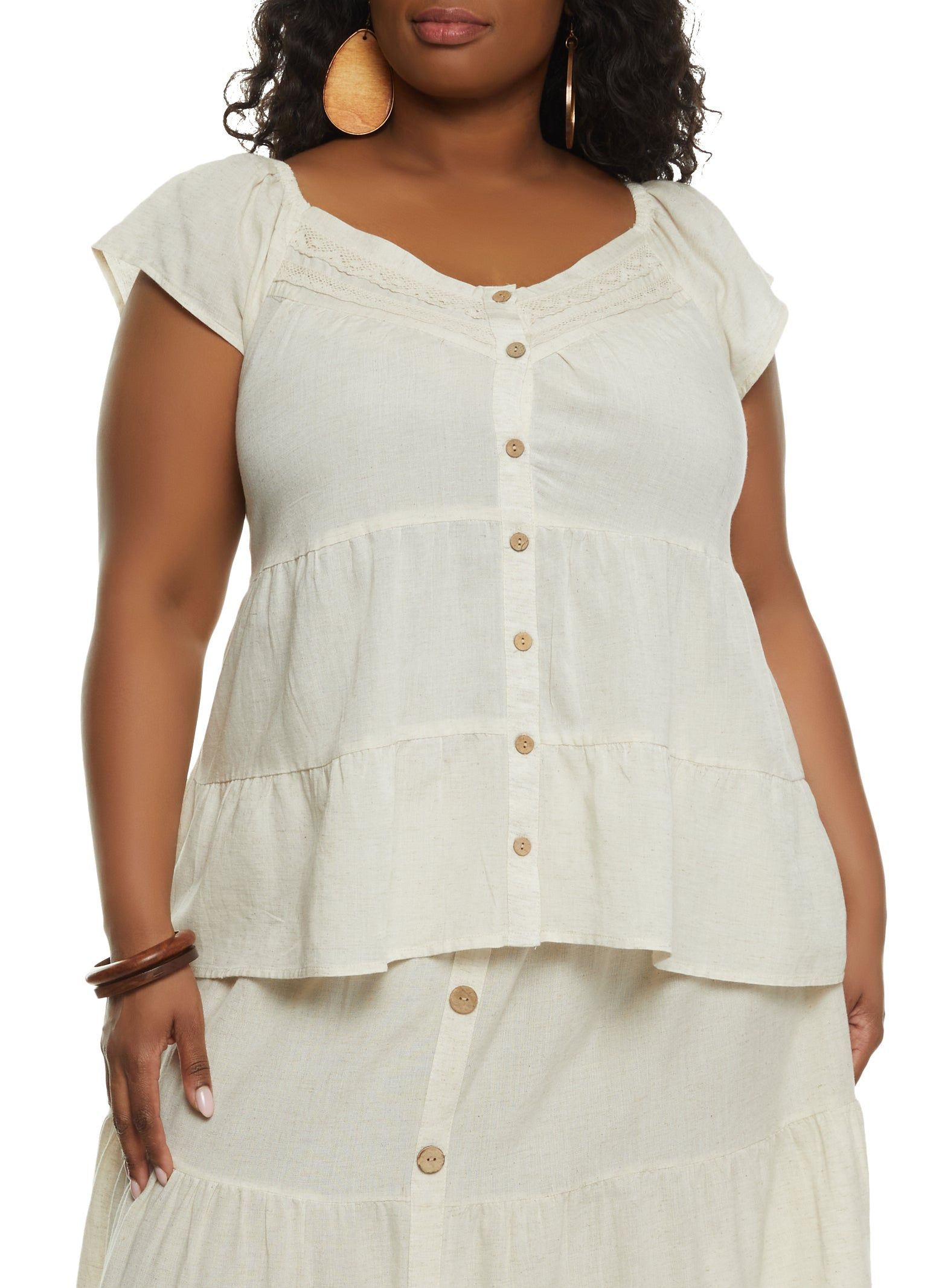 Plus Size Lace Detail Button Front Tiered Blouse sold by Rainbow
