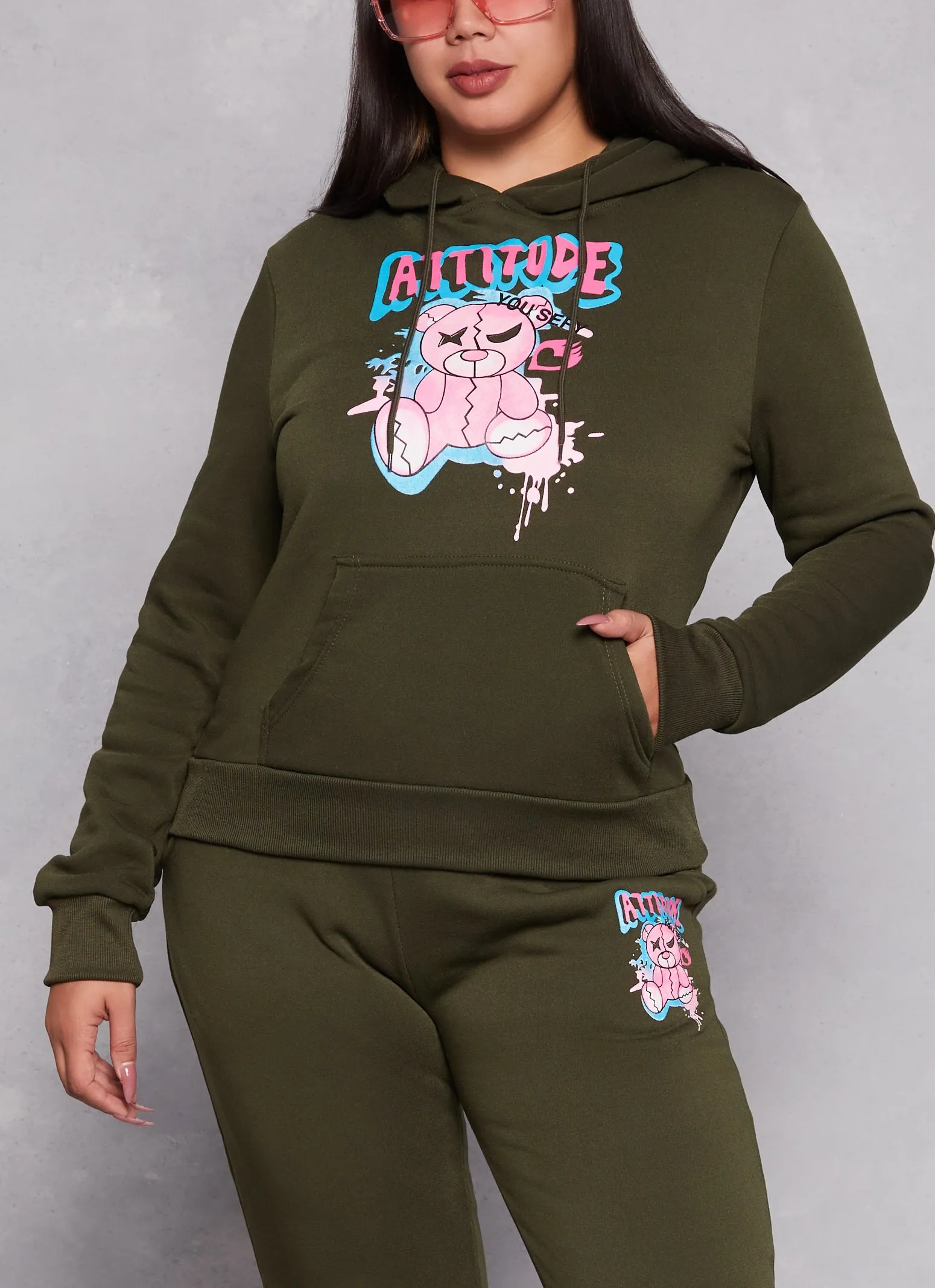 Plus Size Attitude Bear Graphic Pullover Hoodie sold by Rainbow