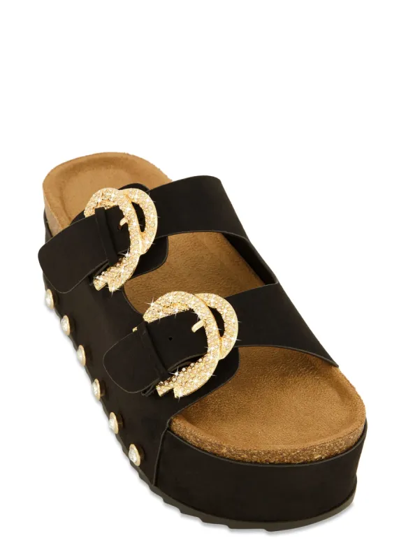 Faux Suede Rhinestone Buckle Platform Footbed Sandals sold by Rainbow