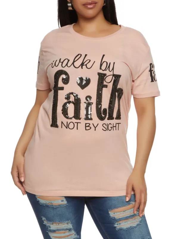 Plus Size Walk By Faith Short Sleeve Sequin Graphic Tee sold by Rainbow
