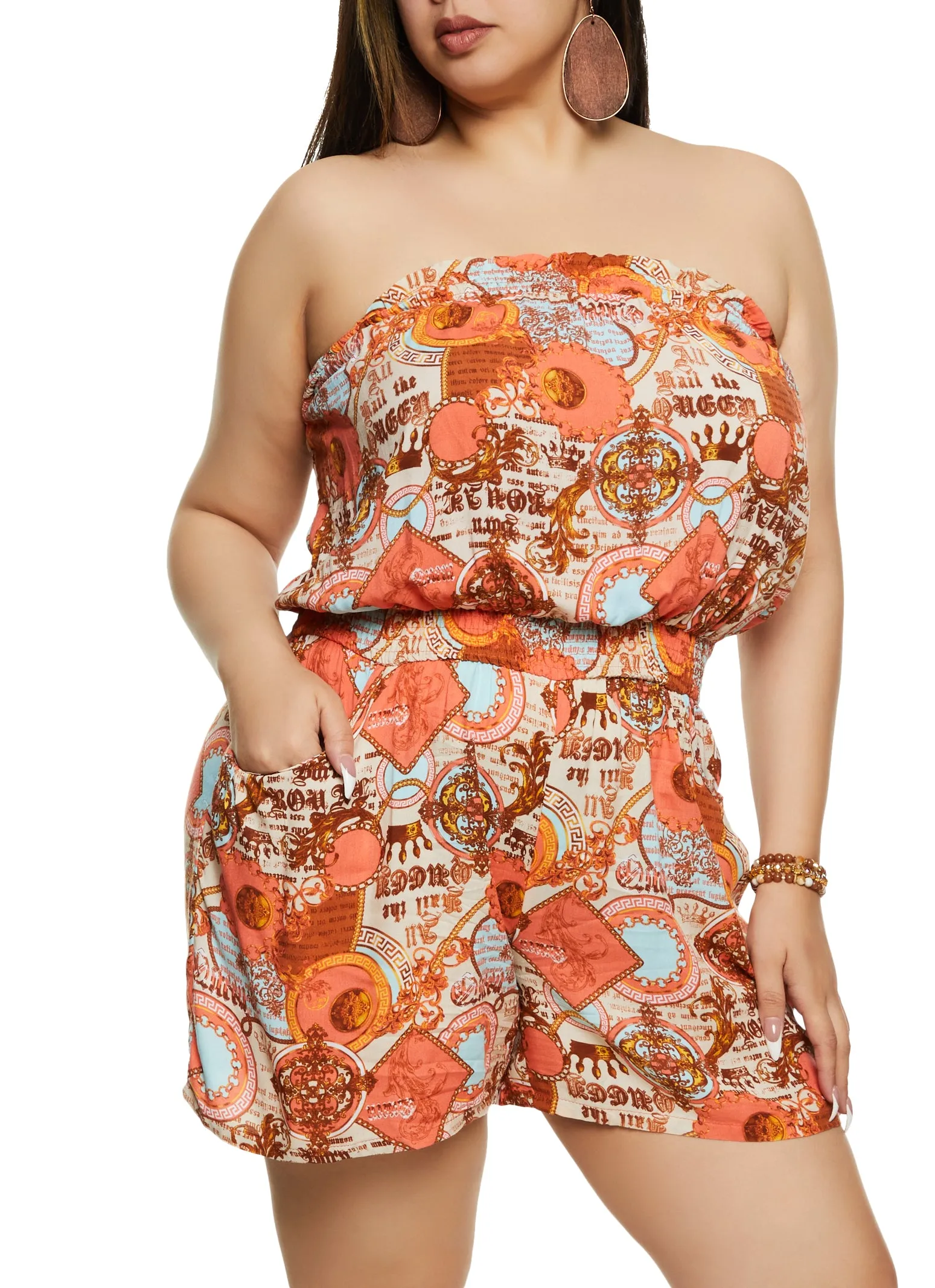Plus Size Status Print Strapless Smocked Waist Romper sold by Rainbow