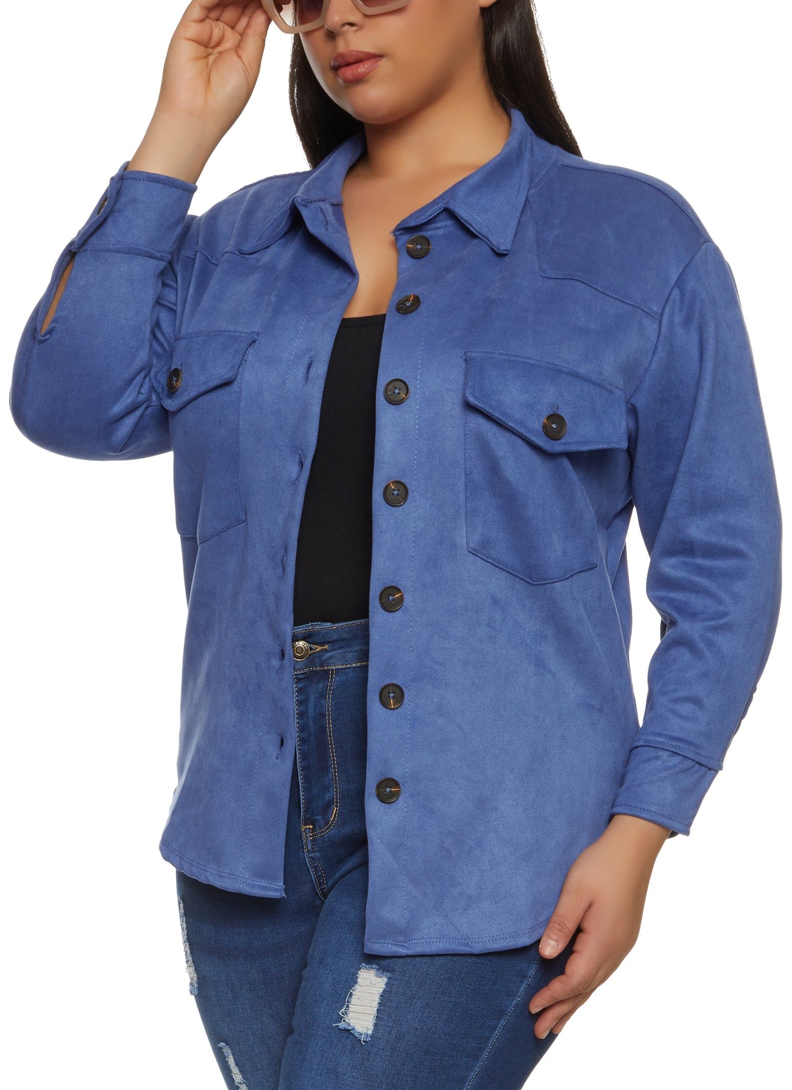 Plus Size Faux Suede Button Front Shirt sold by Rainbow