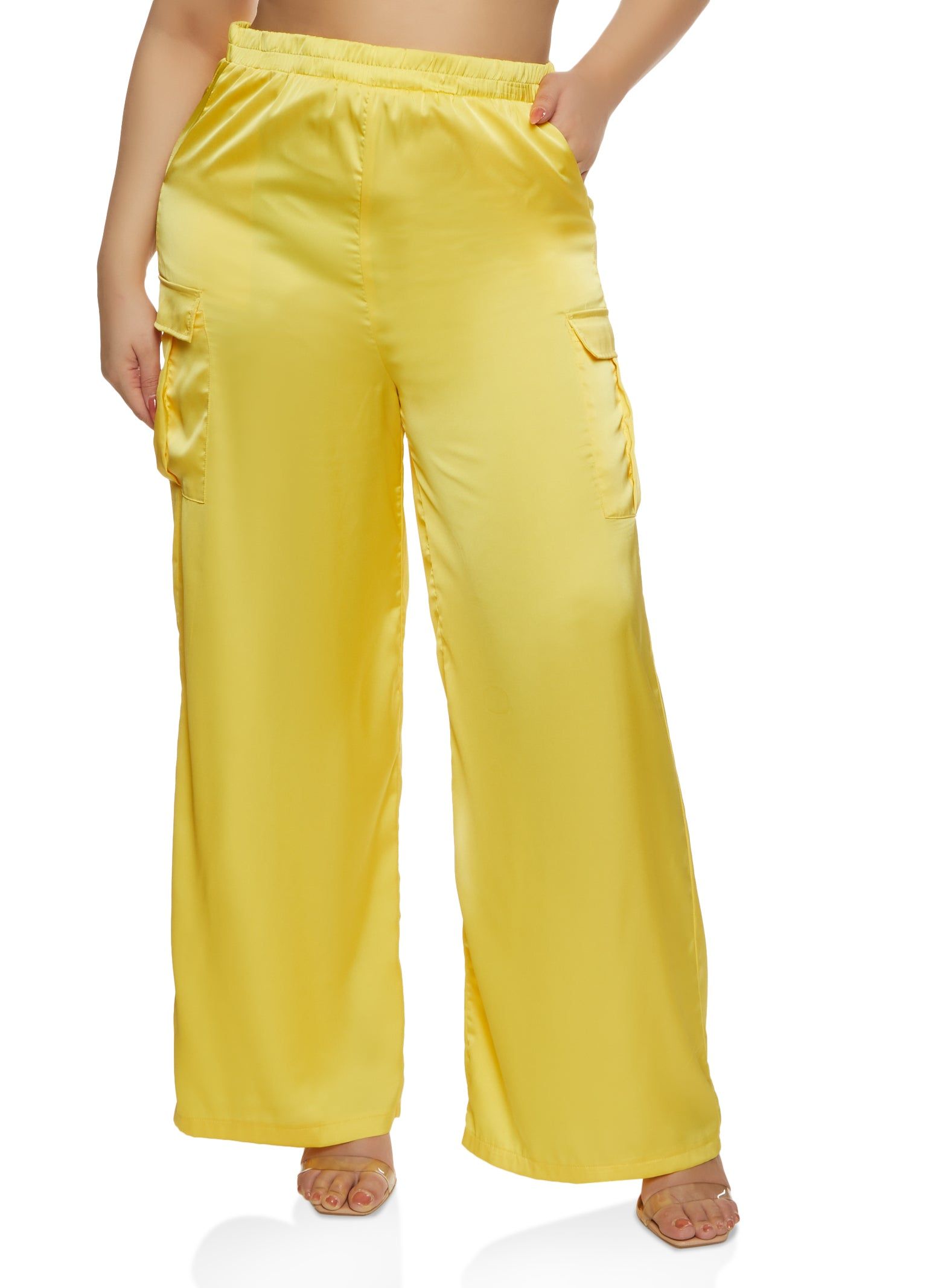 Plus Size Satin Cargo Pocket Palazzo Pants sold by Rainbow
