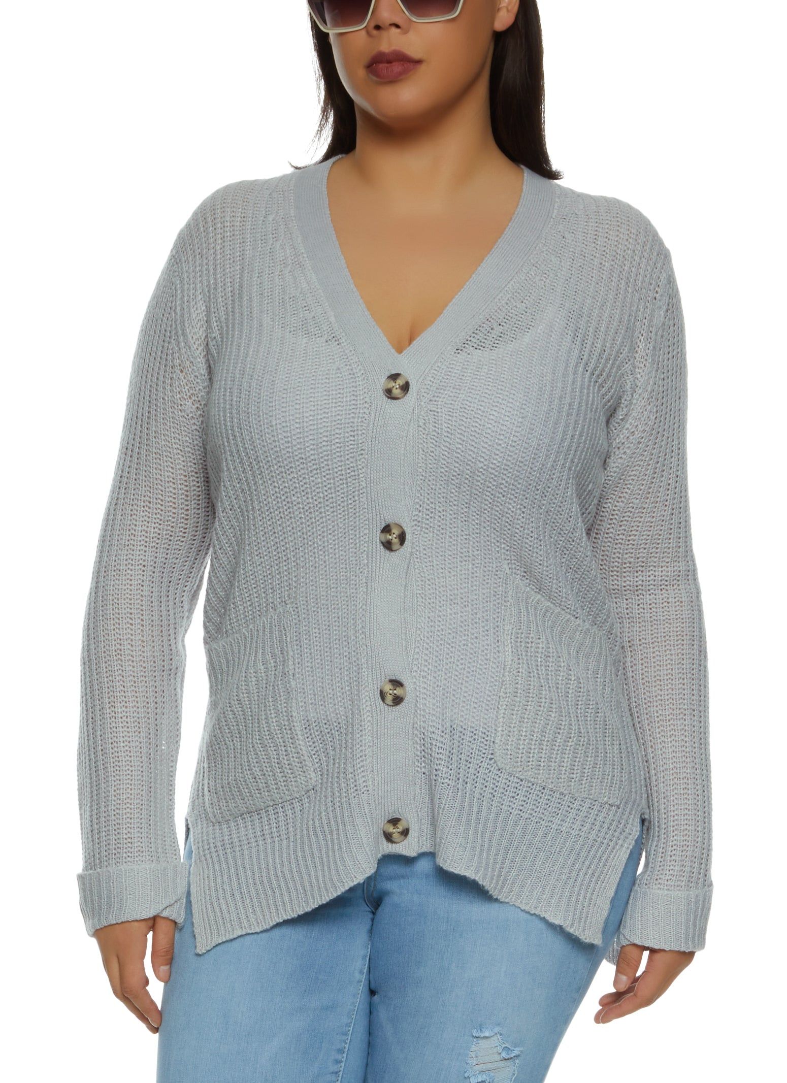 Plus Size Solid Button Front Cardigan sold by Rainbow