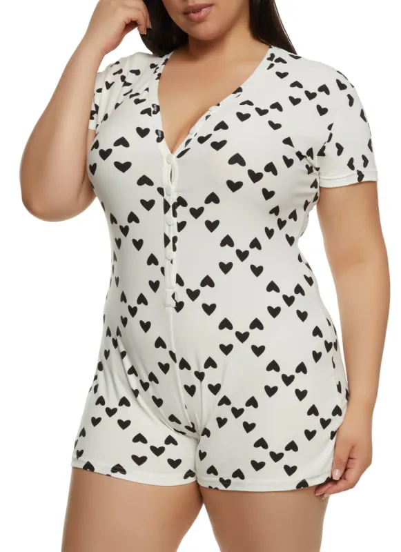 Plus Size Babe Heart Print Pajama Romper sold by Rainbow