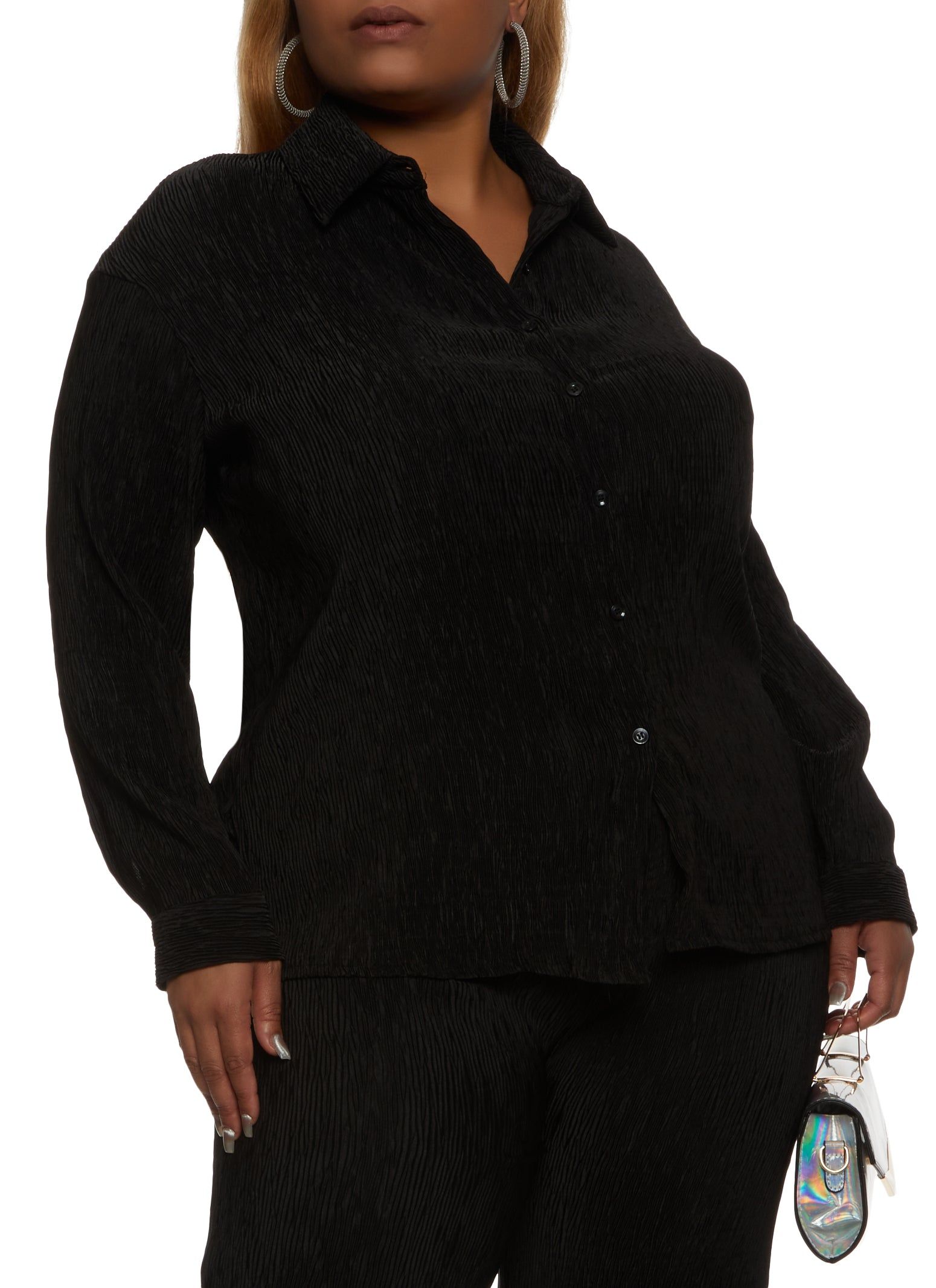 Plus Size Plisse Solid Button Front Shirt sold by Rainbow