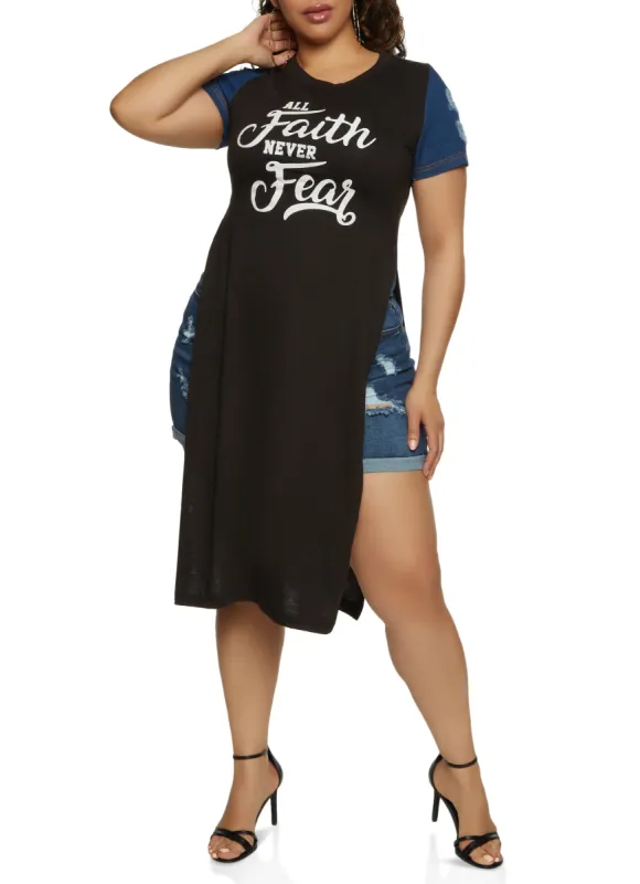 Plus Size All Faith Never Fear Denim Sleeve Graphic Tee sold by Rainbow