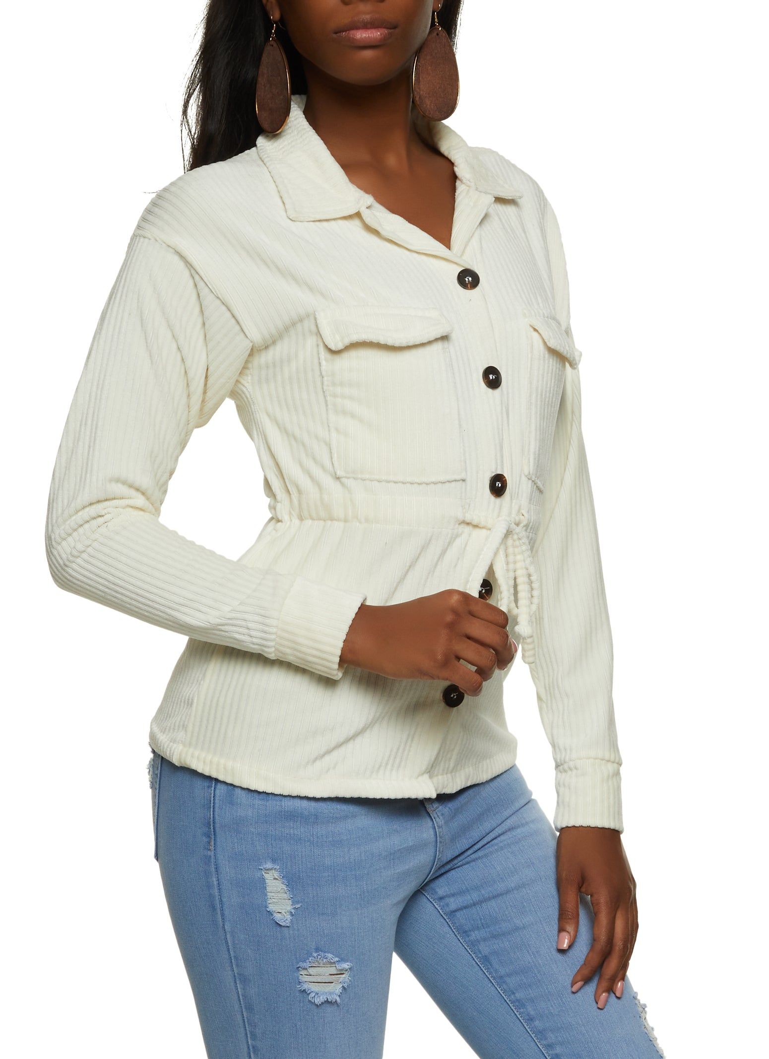 Ribbed Knit Velour Button Front Tie Waist Shirt sold by Rainbow