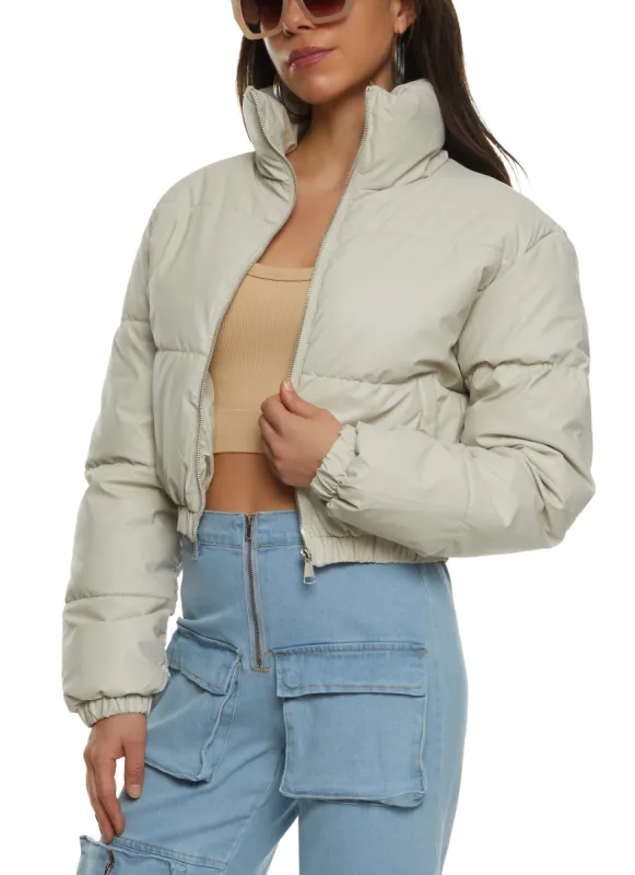 Faux Leather Zip Front Cropped Puffer Jacket sold by Rainbow