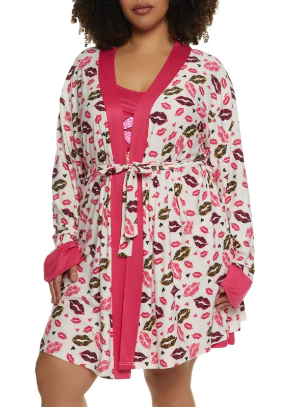 Plus Size Lip Graphic Print Nightgown with Robe sold by Rainbow