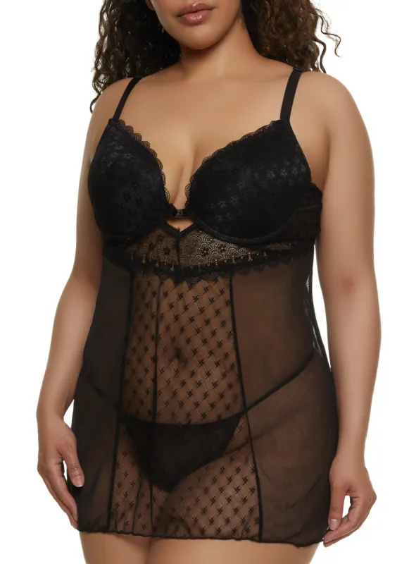 Plus Size Patterned Lace Babydoll and G String sold by Rainbow