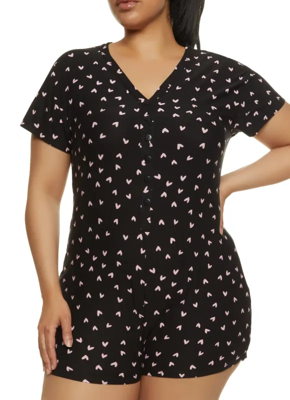 Plus Size Kiss Me Heart Print Pajama Romper sold by Rainbow