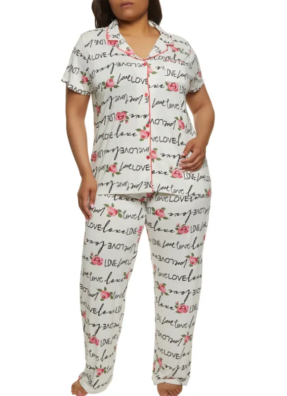 Plus Size Love Rose Graphic Print Pajama Shirt and Pants sold by Rainbow