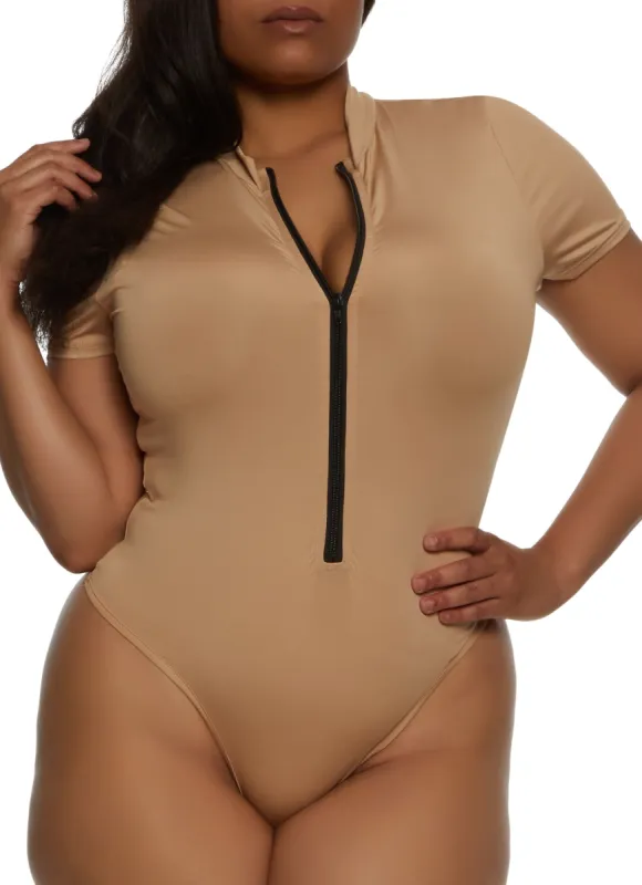 Plus Size Zip Front Mock Neck Bodysuit sold by Rainbow